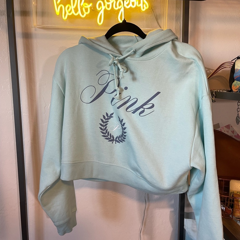 PINK Victoria's Secret Light Blue Cropped Hoodie with Navy Logo
